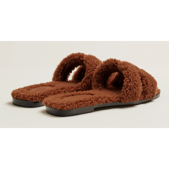 Hermes Oran Teddy Shearling Fur Brown H Logo Slide Sandal Mule Flat Flip Flop 38 - Picture 10 of 12